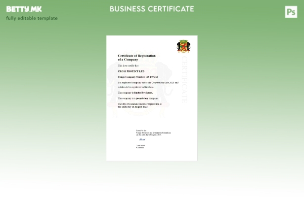 модерен стил Конго сертификат за регистрација Шаблон за Word и PDF